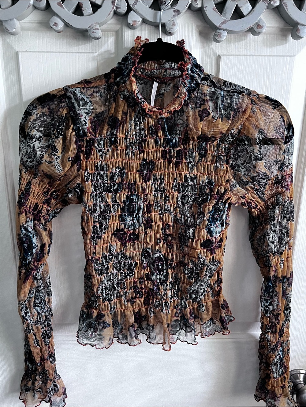 Free People Mustard Floral Smocked Ruffle Neck Blouse